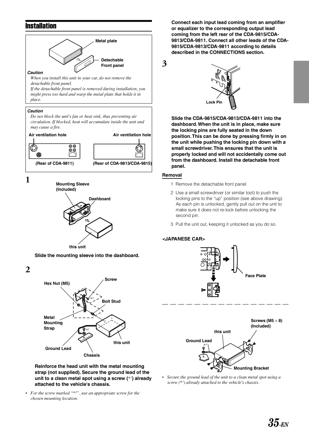 Alpine CDA-9811, CDA-9813, CDA-9815 owner manual Installation, 35-EN, Slide the mounting sleeve into the dashboard 