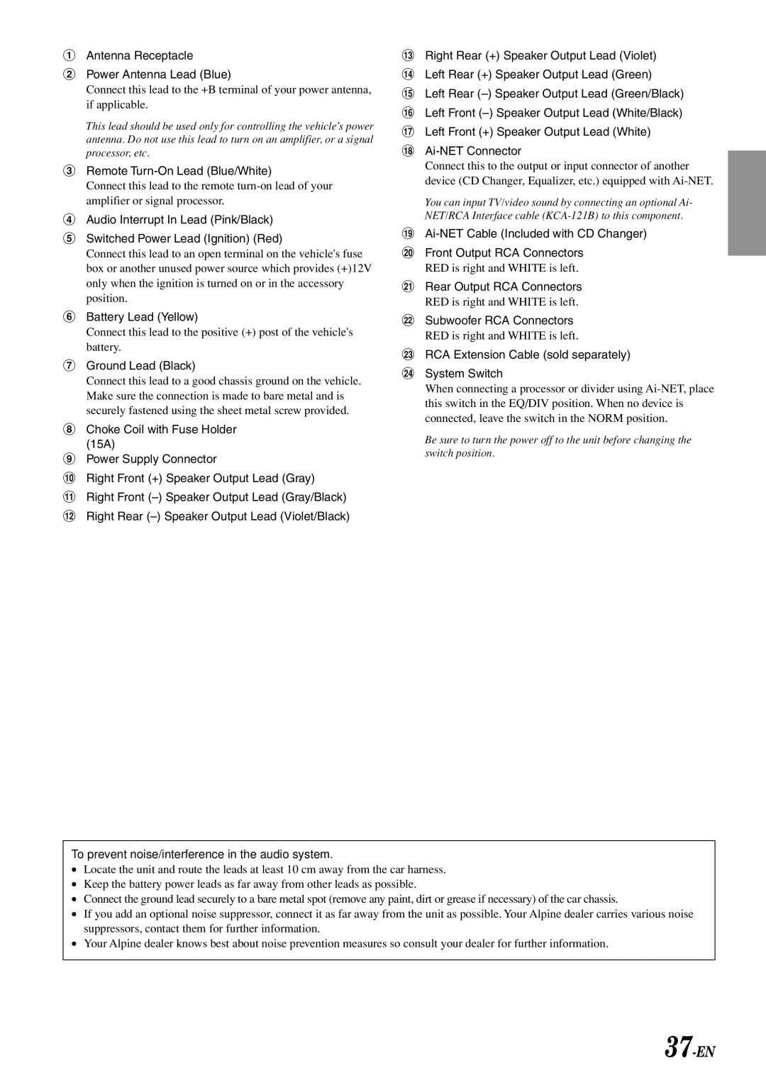 Alpine CDA-9813, CDA-9811, CDA-9815 owner manual 37-EN, To prevent noise/interference in the audio system 