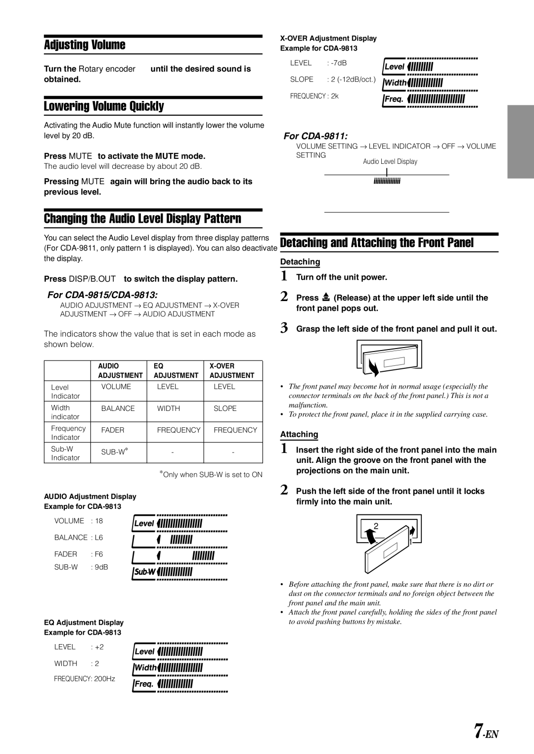 Alpine CDA-9813, CDA-9811, CDA-9815 Adjusting Volume, Lowering Volume Quickly, Changing the Audio Level Display Pattern 