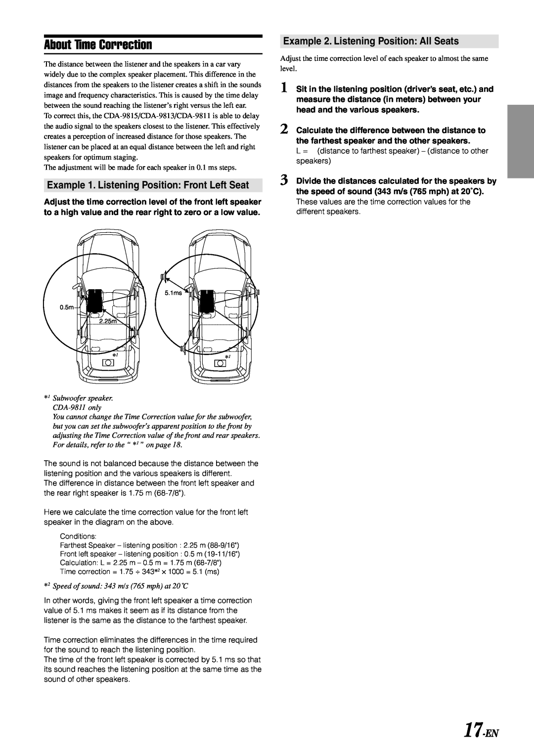 Alpine CDA-9811, CDA-9813, CDA-9815 owner manual About Time Correction, Example 1. Listening Position Front Left Seat, 17-EN 