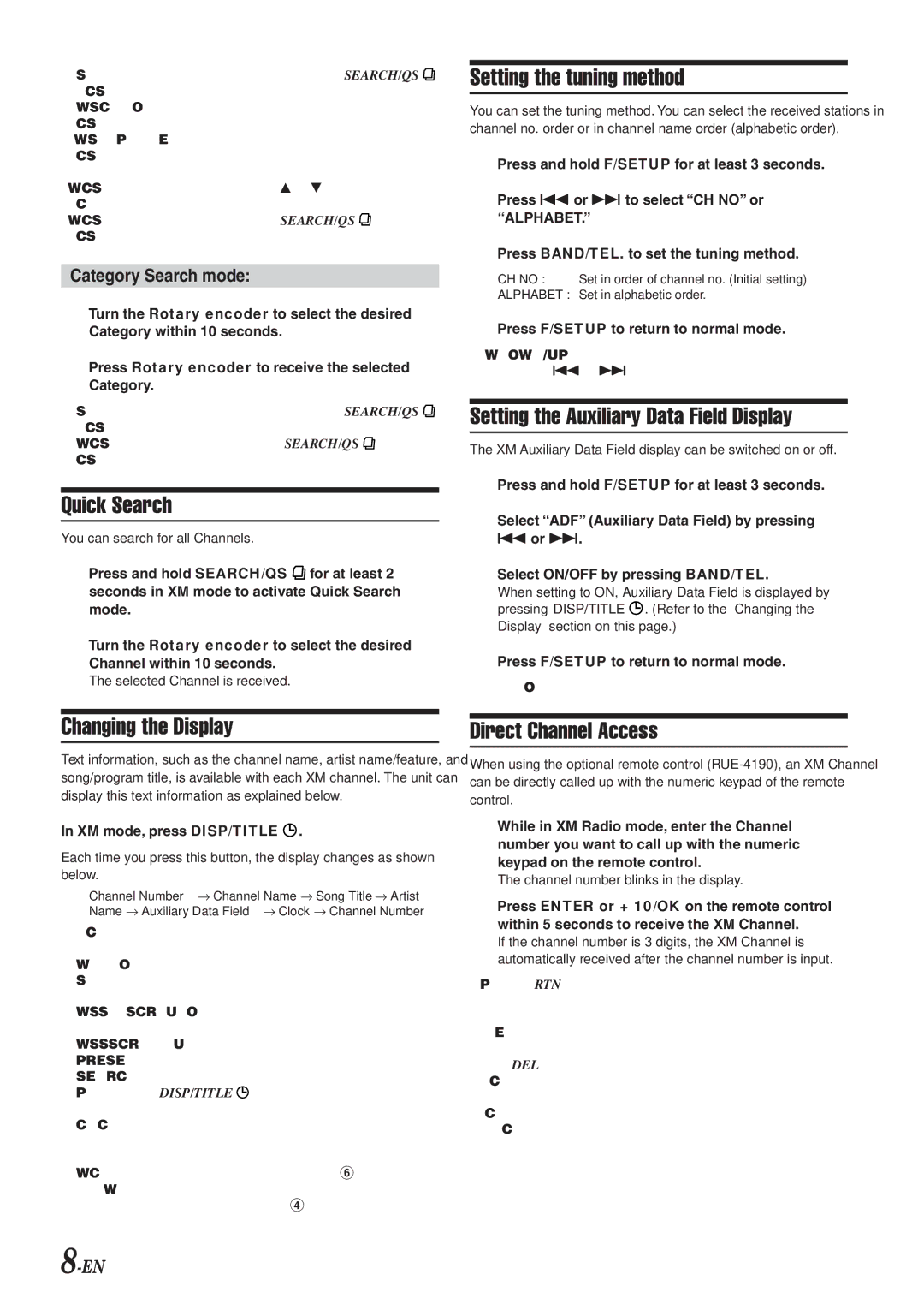 Alpine CDA-9820XM Quick Search, Changing the Display, Setting the tuning method, Setting the Auxiliary Data Field Display 