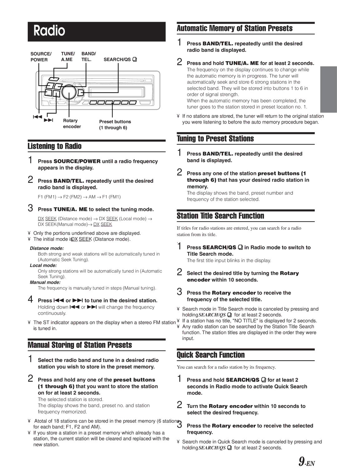 Alpine CDA-9820XM owner manual Radio 