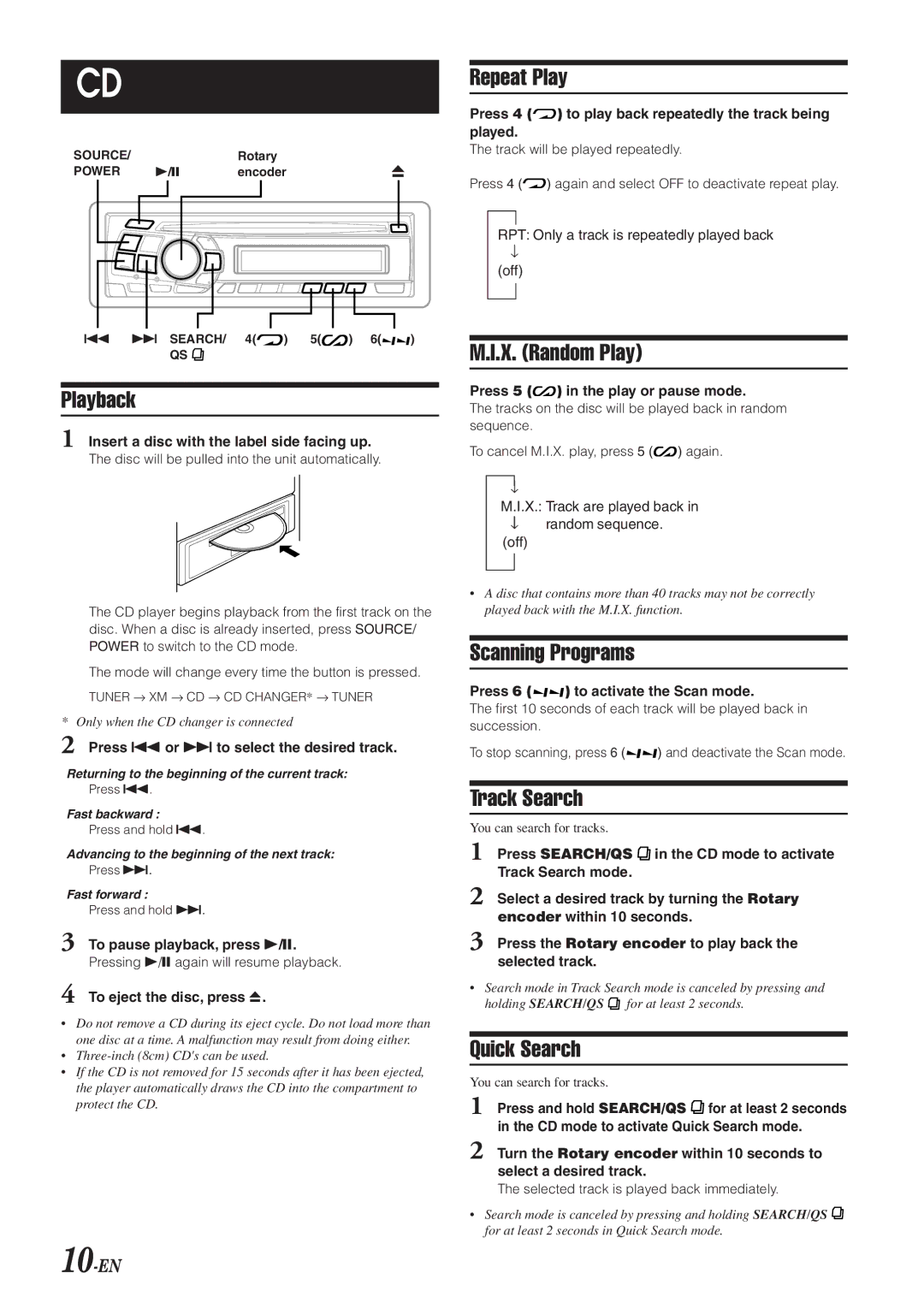 Alpine CDA-9820XM owner manual Playback, Repeat Play, X. Random Play, Scanning Programs, Track Search 