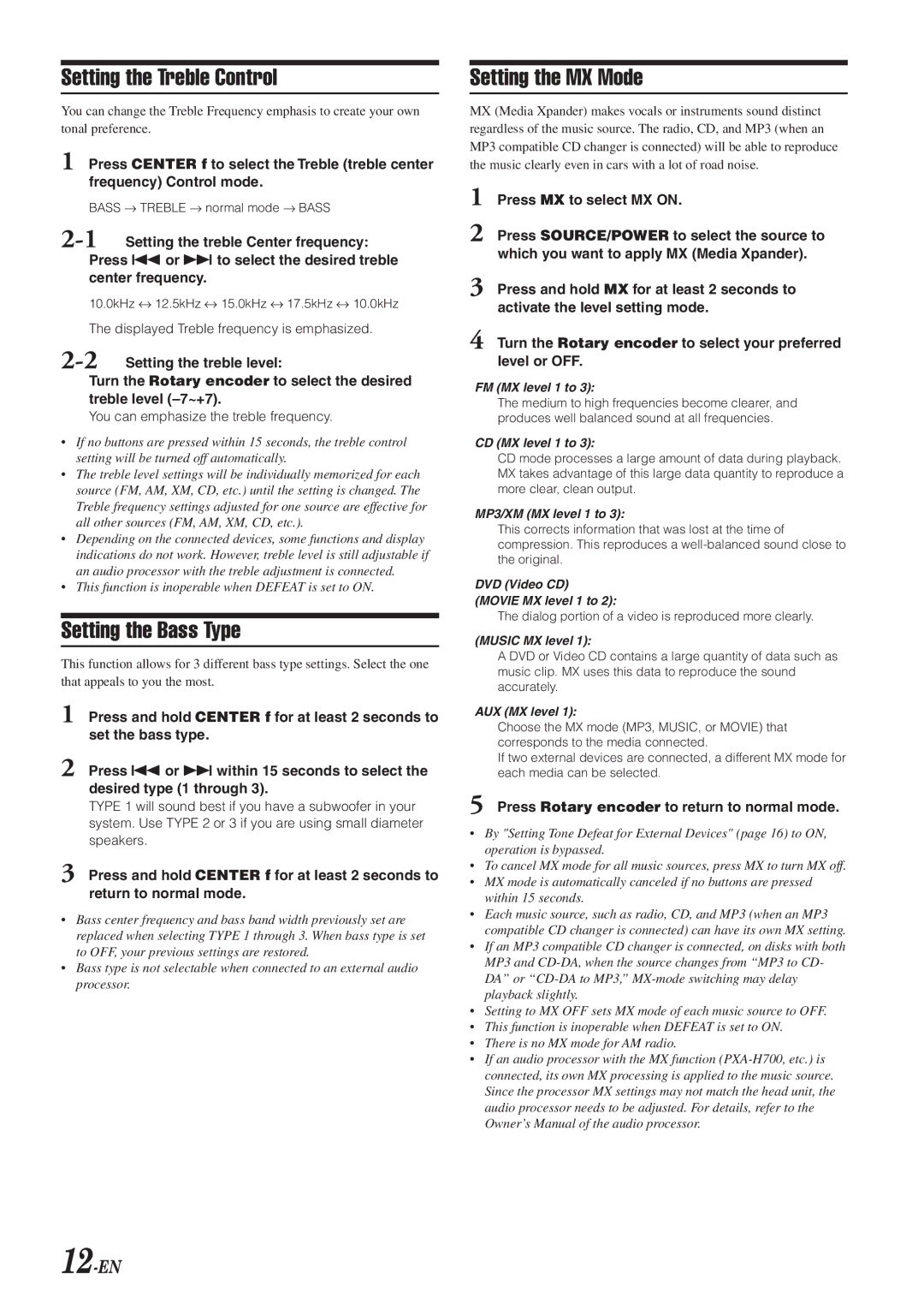 Alpine CDA-9820XM owner manual Setting the Treble Control, Setting the Bass Type, Setting the MX Mode 