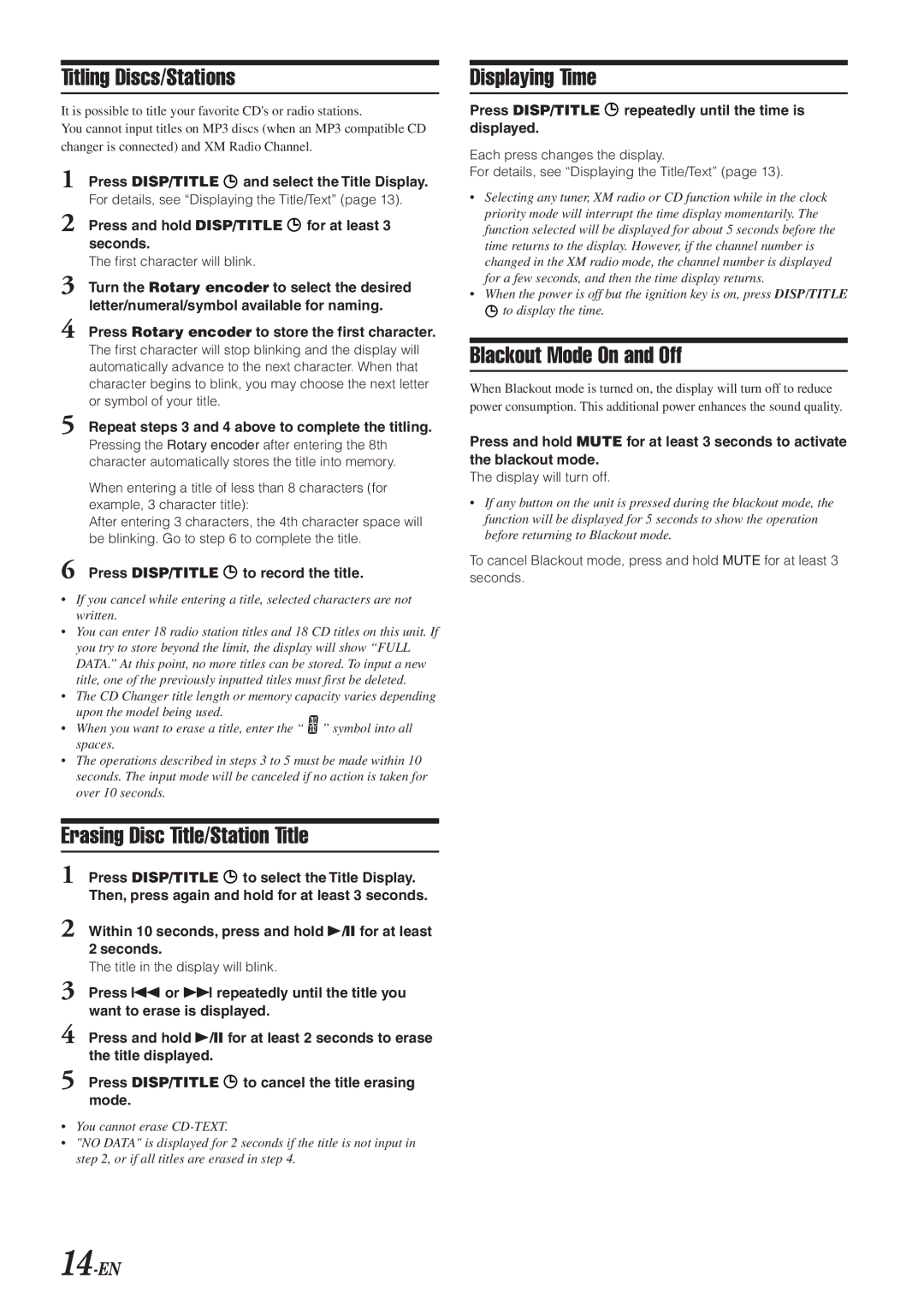 Alpine CDA-9820XM Titling Discs/Stations, Erasing Disc Title/Station Title, Displaying Time, Blackout Mode On and Off 