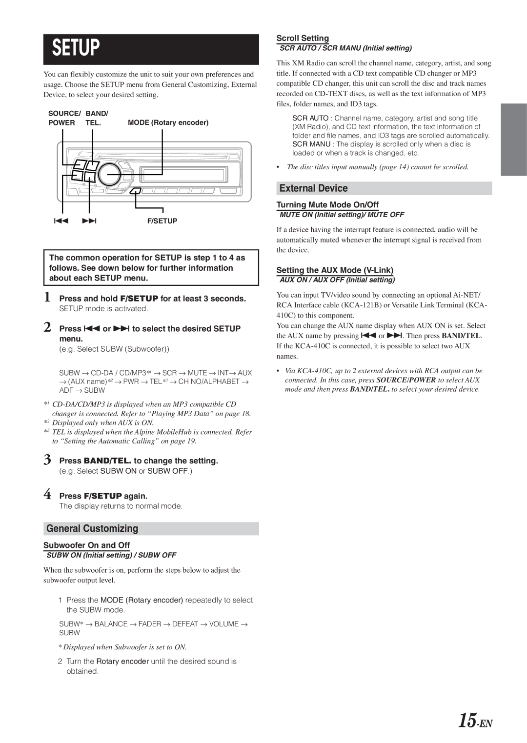 Alpine CDA-9820XM owner manual General Customizing, External Device 