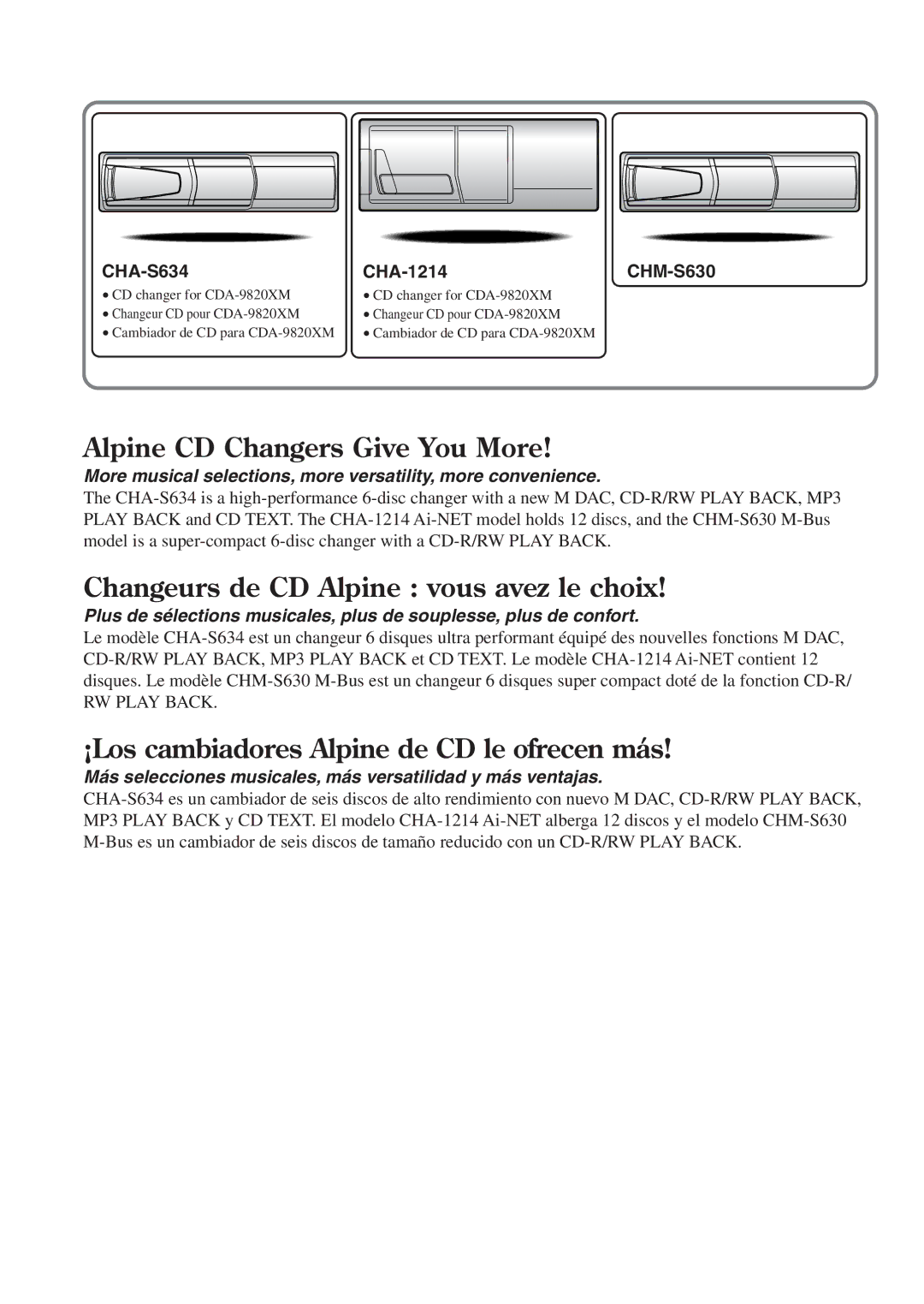 Alpine CDA-9820XM owner manual Alpine CD Changers Give You More, CHA-S634 CHA-1214 CHM-S630 