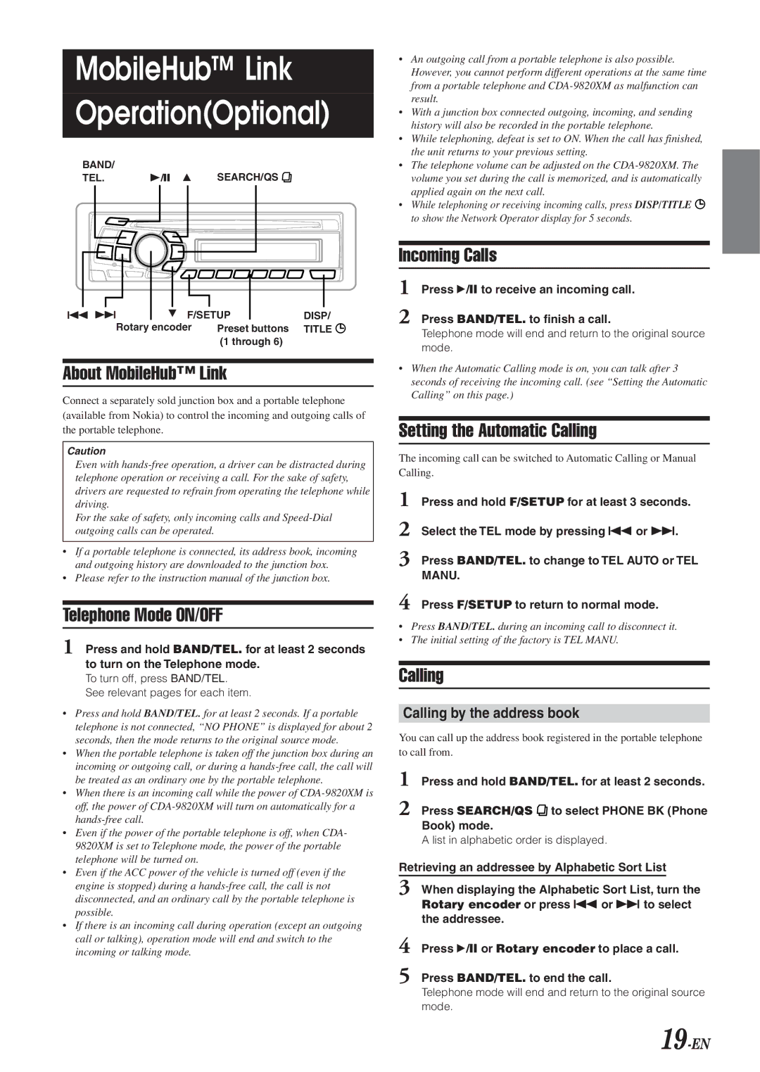 Alpine CDA-9820XM owner manual About MobileHub Link, Telephone Mode ON/OFF, Incoming Calls, Setting the Automatic Calling 