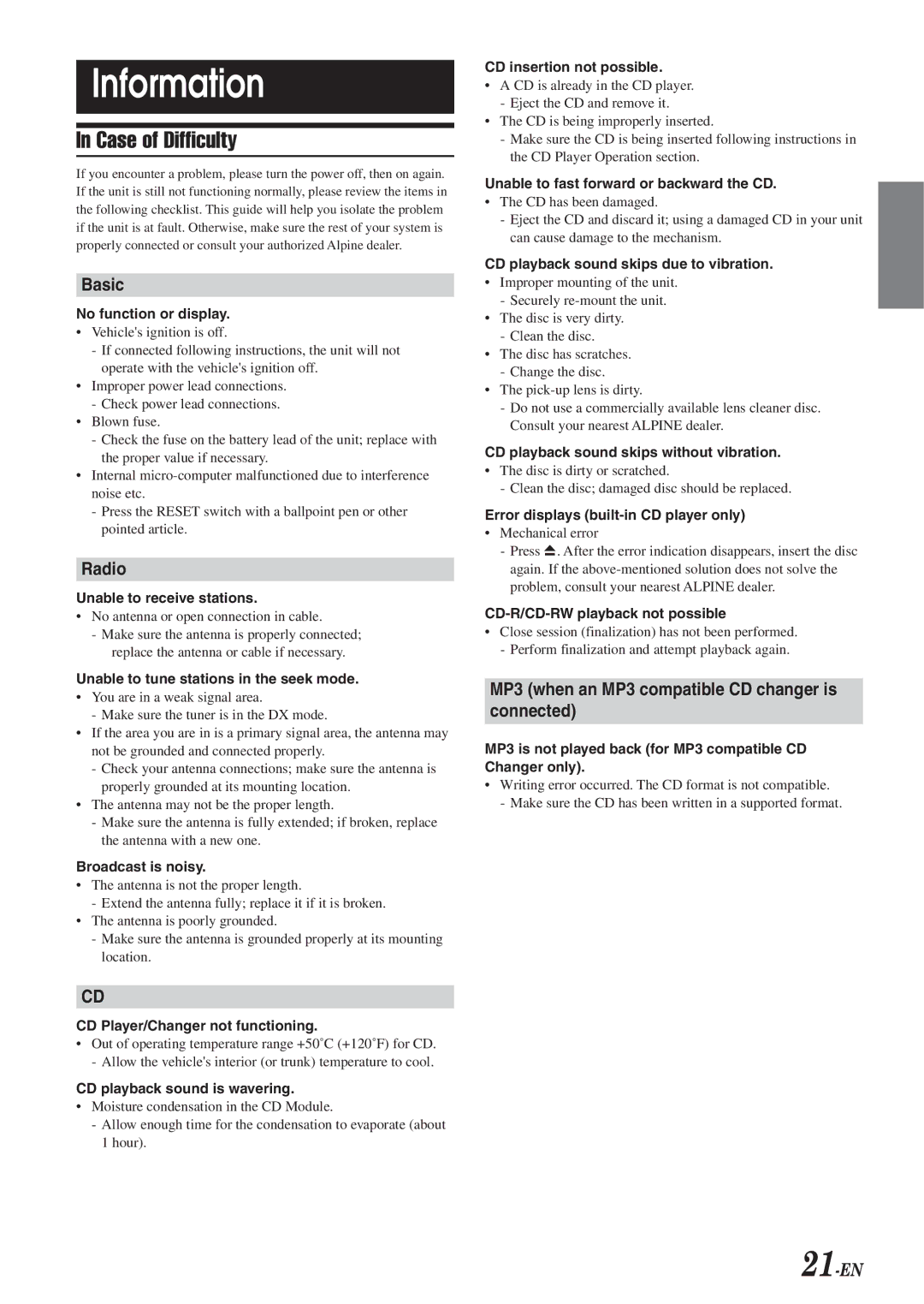 Alpine CDA-9820XM Information, Case of Difficulty, Basic, Radio, MP3 when an MP3 compatible CD changer is Connected 