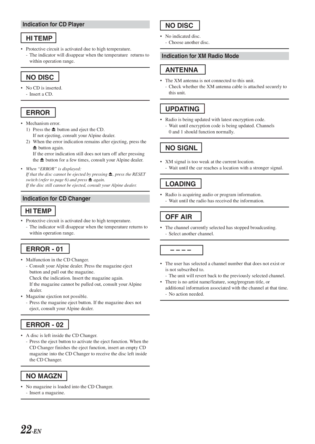 Alpine CDA-9820XM owner manual Indication for CD Player, Indication for XM Radio Mode, Indication for CD Changer 