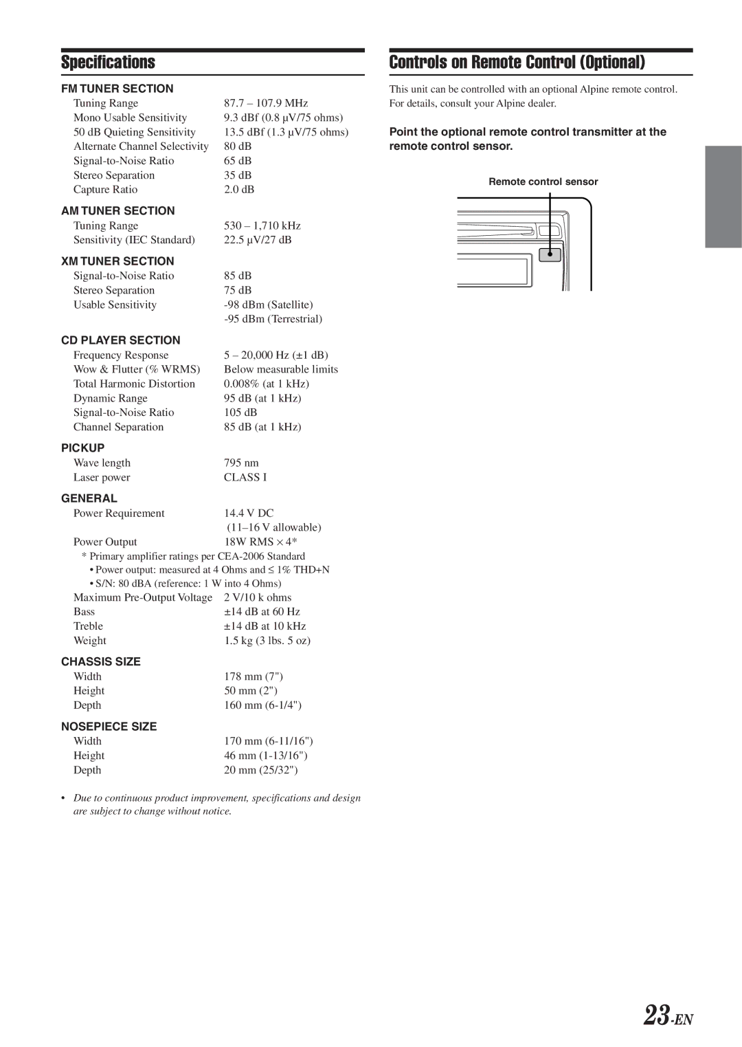 Alpine CDA-9820XM Specifications Controls on Remote Control Optional, Point the optional remote control transmitter at 