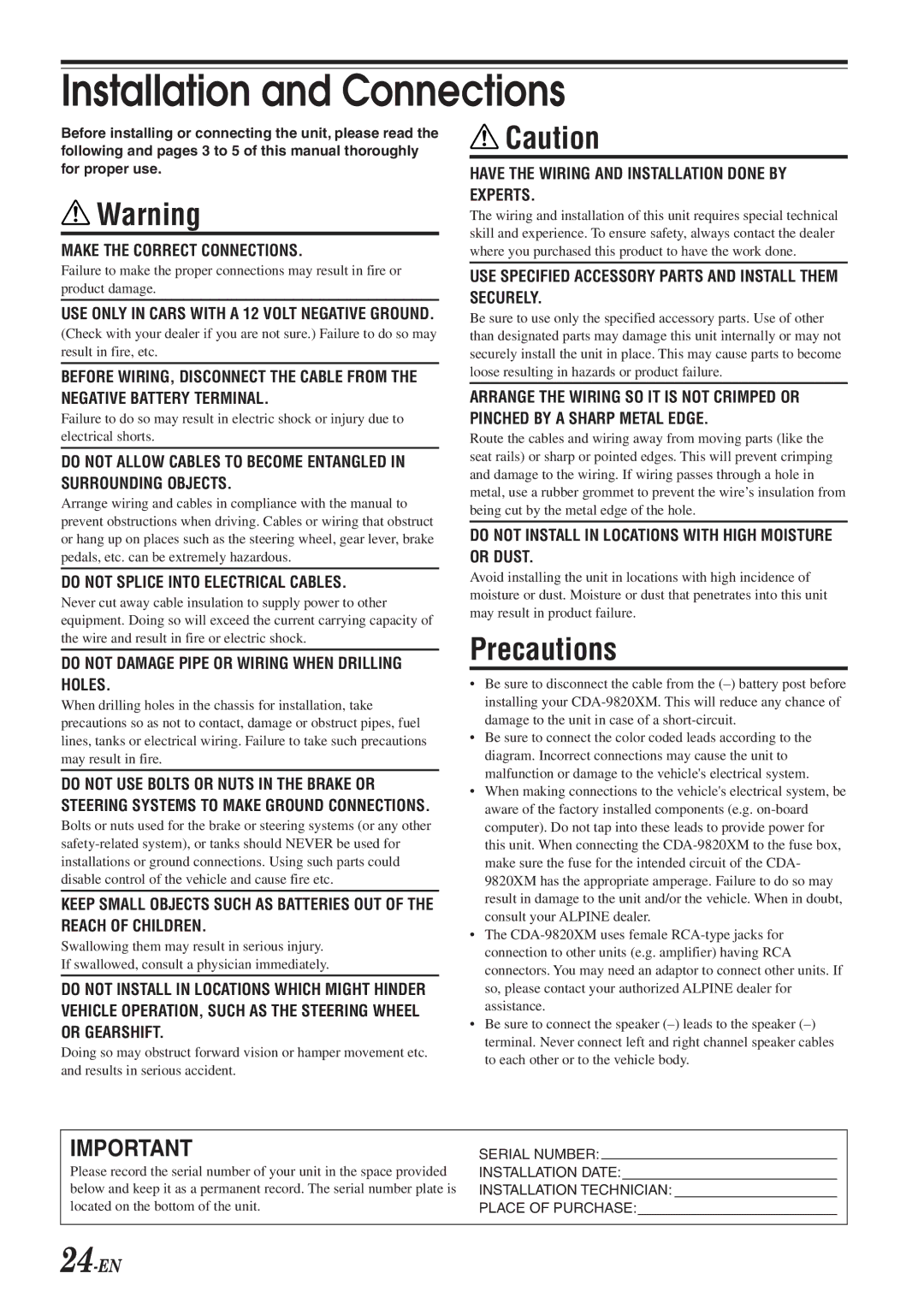 Alpine CDA-9820XM owner manual Installation and Connections 