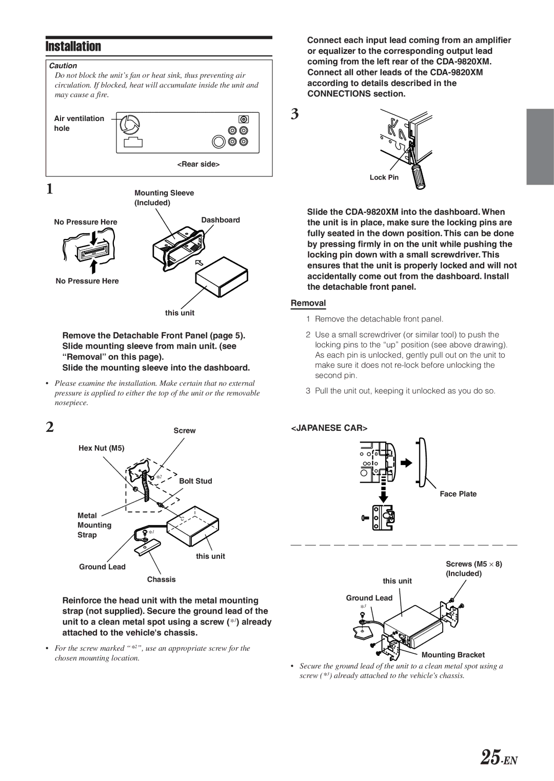 Alpine CDA-9820XM owner manual Installation, Removal 