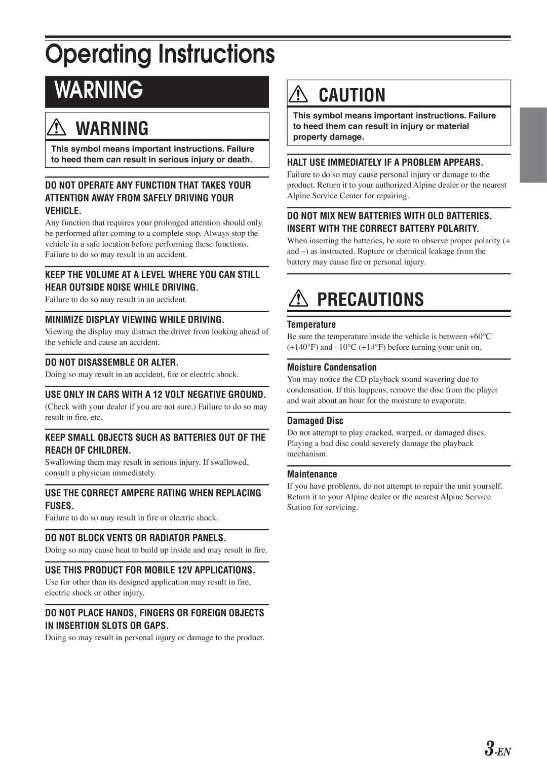 Alpine CDA-9820XM owner manual Operating Instructions 