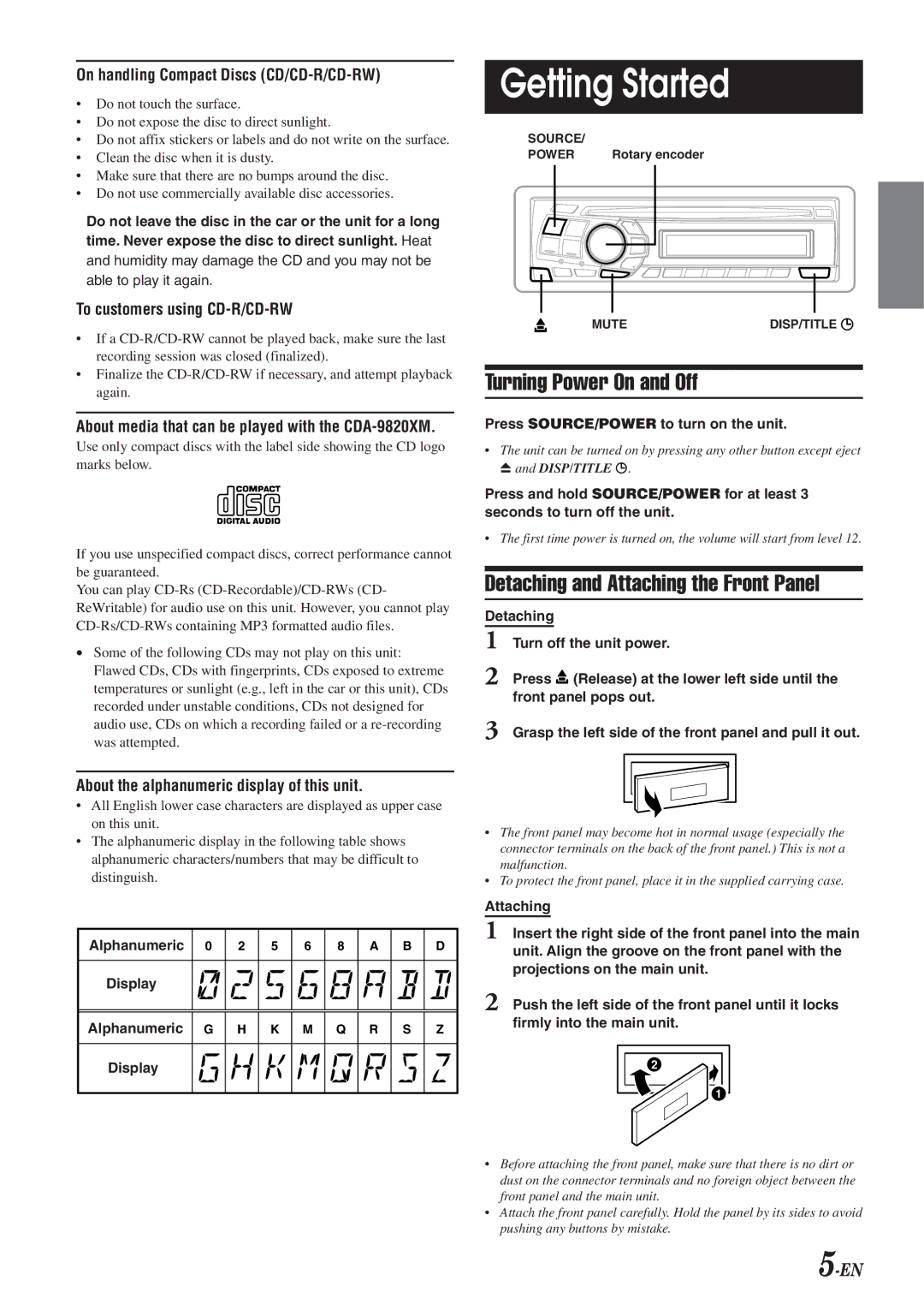 Alpine CDA-9820XM owner manual Getting Started, Turning Power On and Off, Detaching and Attaching the Front Panel 