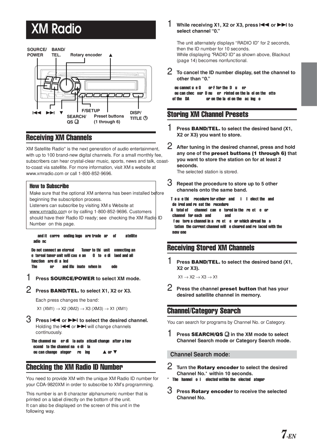 Alpine CDA-9820XM owner manual XM Radio 