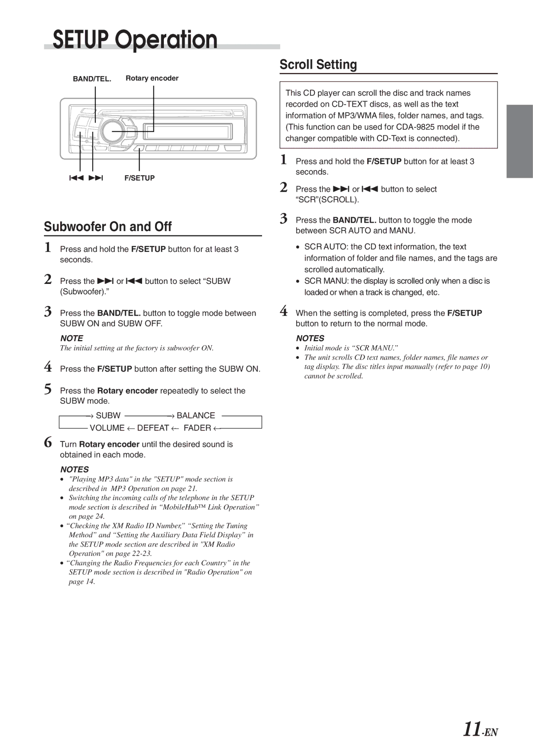 Alpine CDA-9826, CDA-9827, cda-9825 owner manual Setup Operation, Subwoofer On and Off, Scroll Setting 