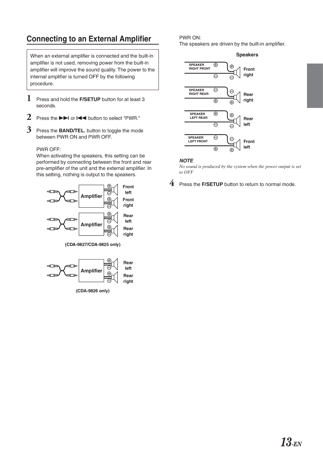 Alpine CDA-9827, CDA-9826, cda-9825 owner manual Connecting to an External Amplifier, Amplifierleft, Speakers 