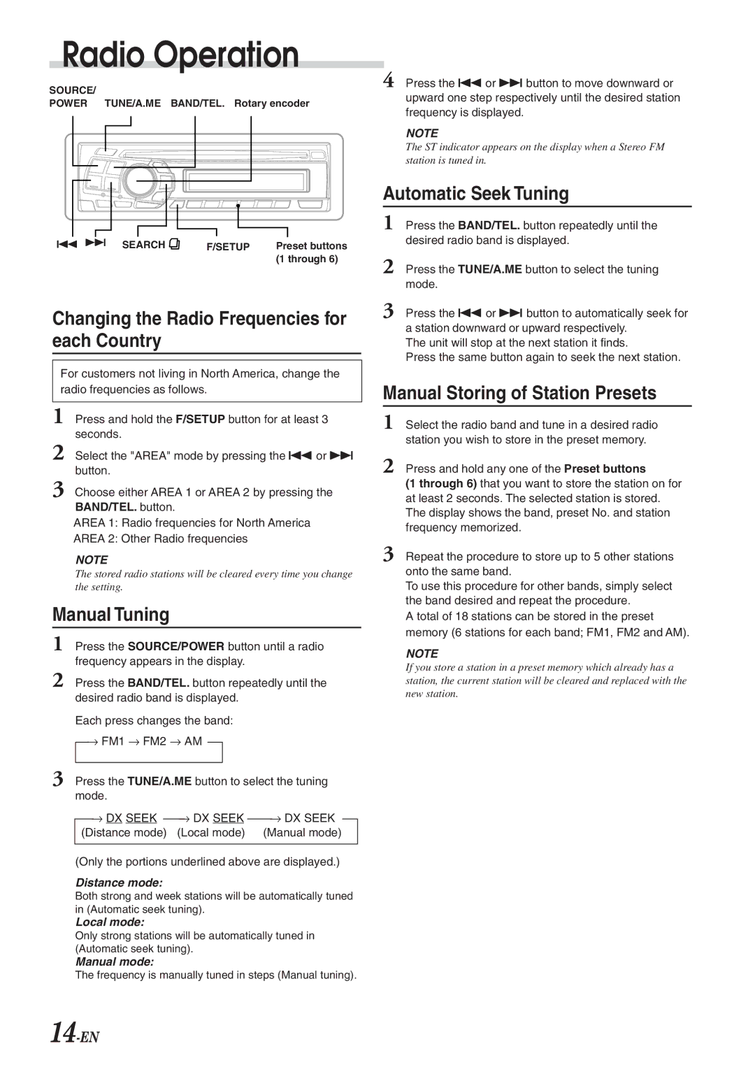 Alpine CDA-9826 Radio Operation, Changing the Radio Frequencies for each Country, Manual Tuning, Automatic Seek Tuning 