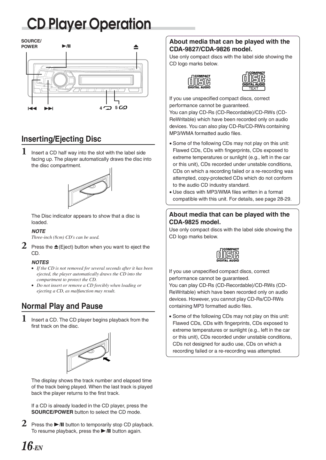 Alpine CDA-9827, CDA-9826, cda-9825 owner manual CD Player Operation, Inserting/Ejecting Disc, Normal Play and Pause 