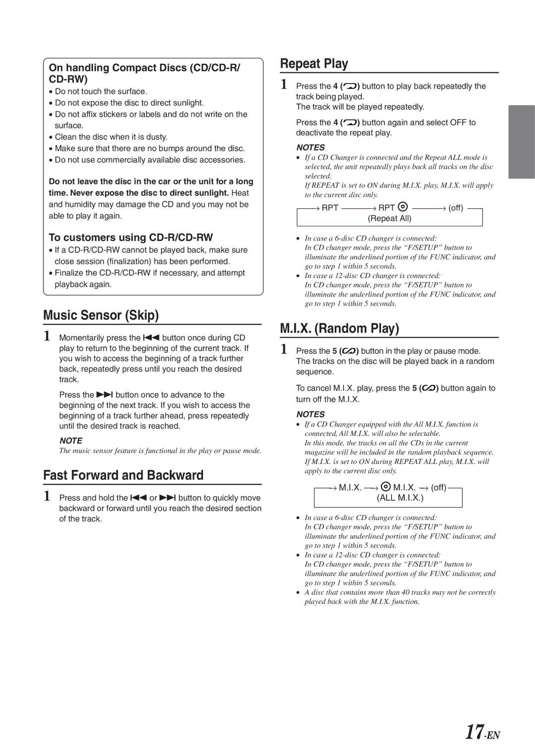 Alpine CDA-9826, CDA-9827, cda-9825 owner manual Music Sensor Skip, Fast Forward and Backward, Repeat Play, X. Random Play 