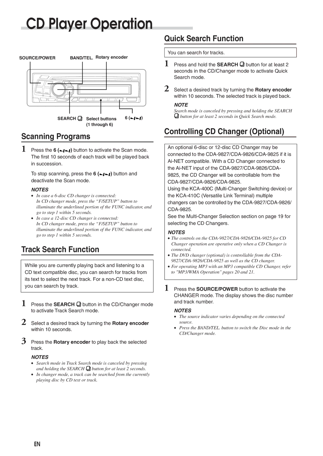 Alpine cda-9825, CDA-9827, CDA-9826 owner manual Scanning Programs, Track Search Function, Controlling CD Changer Optional 