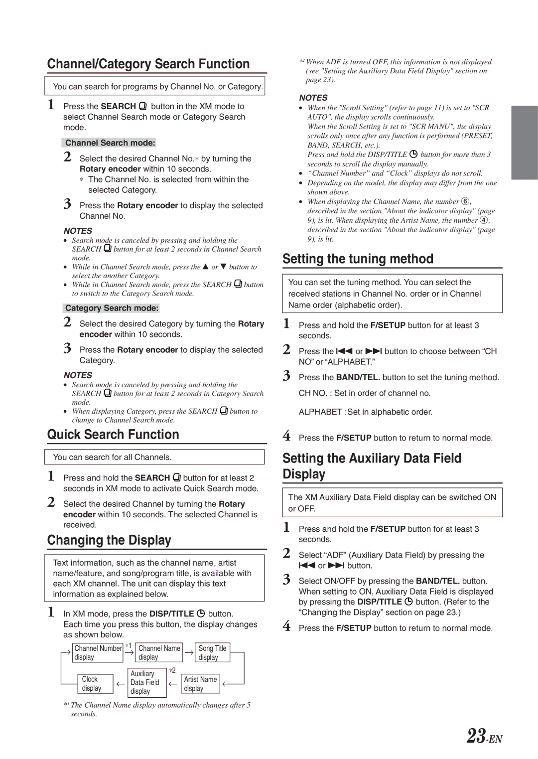 Alpine CDA-9826, CDA-9827, cda-9825 Channel/Category Search Function, Changing the Display, Setting the tuning method 