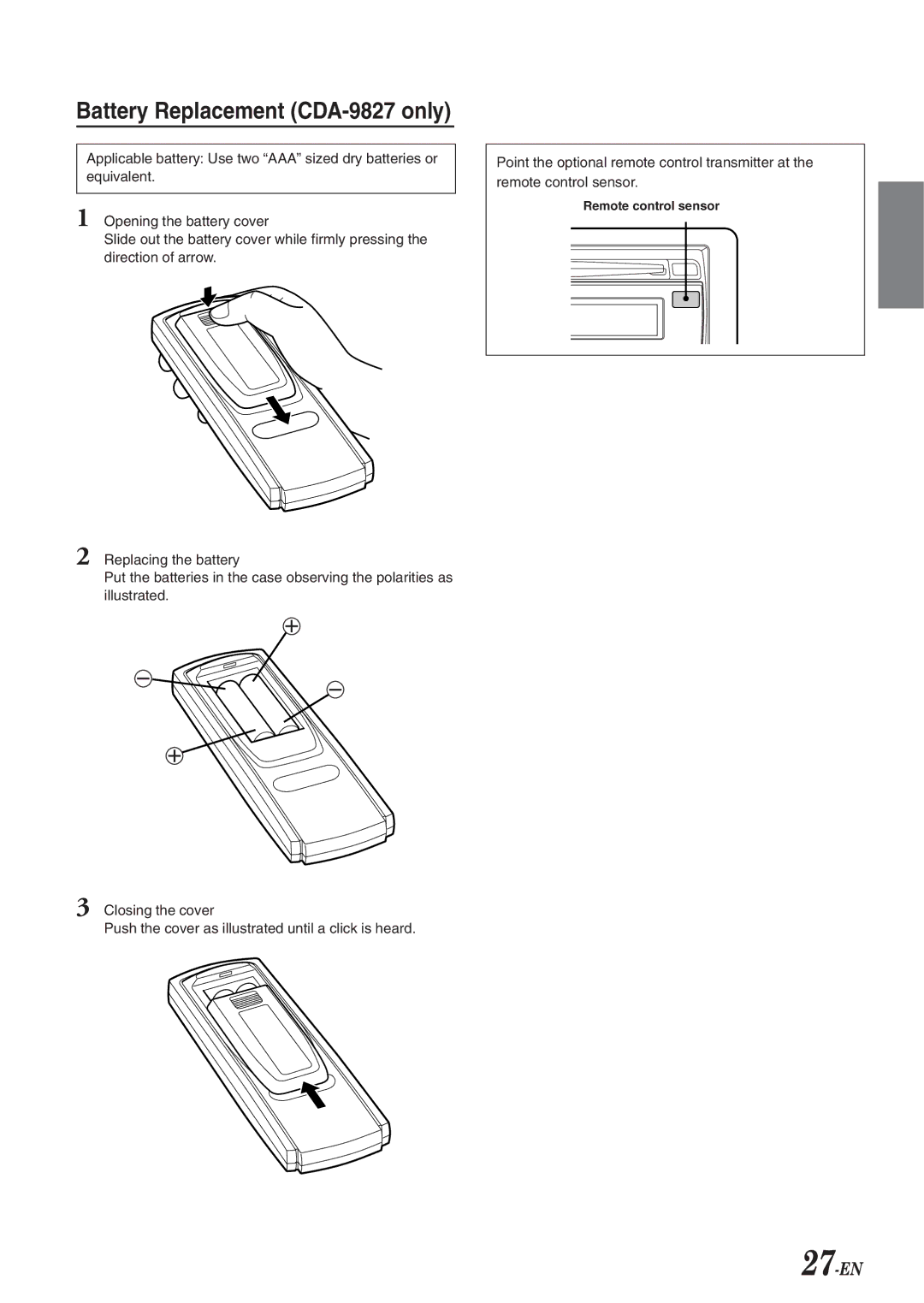 Alpine cda-9825, CDA-9826 owner manual Battery Replacement CDA-9827 only 