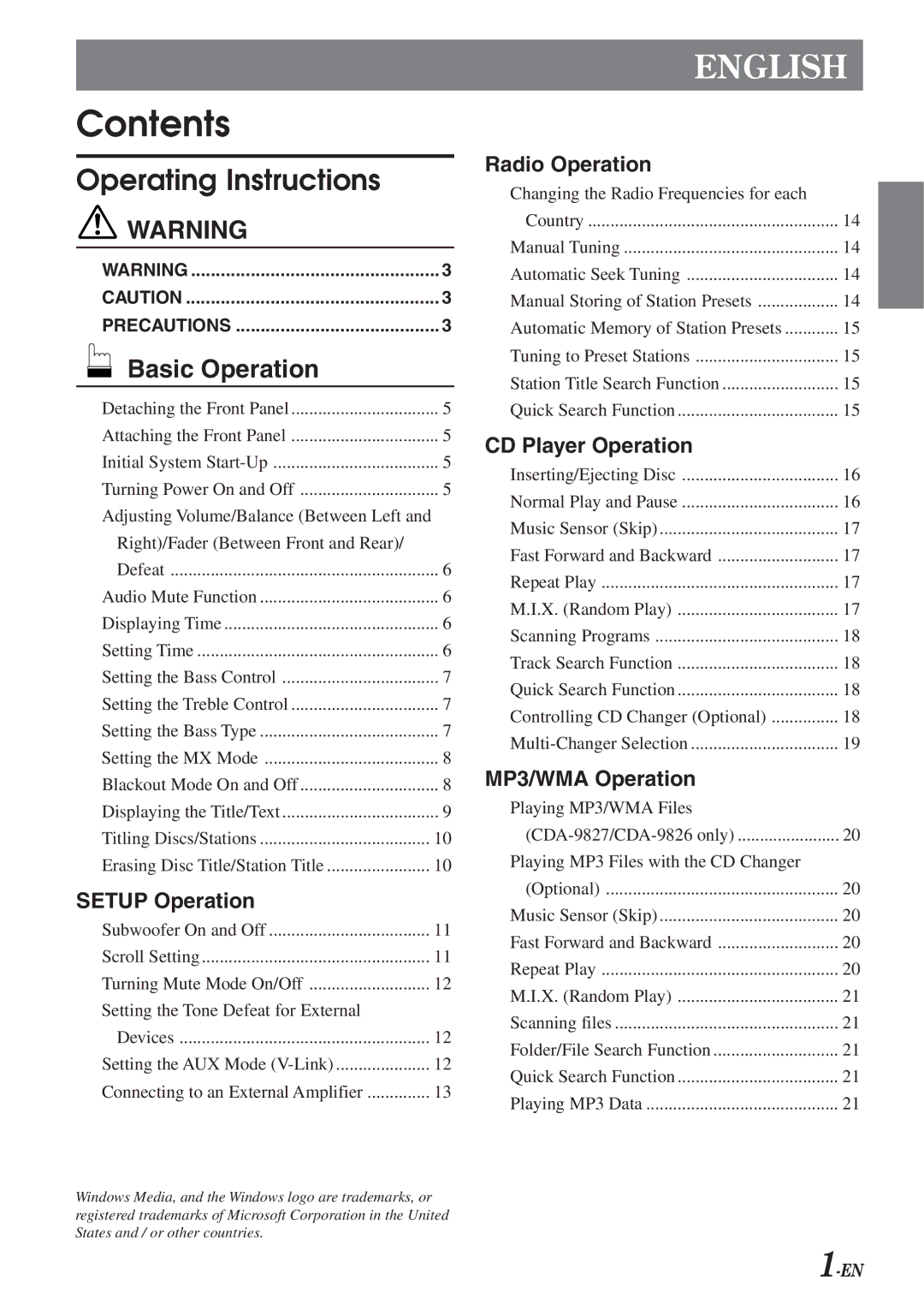 Alpine CDA-9827, CDA-9826, cda-9825 owner manual Contents 