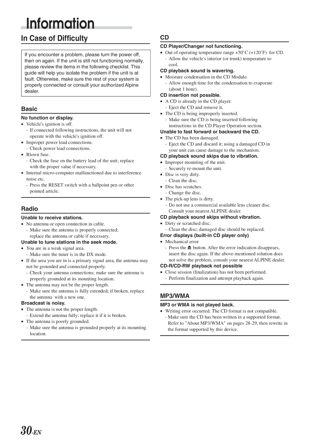 Alpine cda-9825, CDA-9827, CDA-9826 owner manual Case of Difficulty 