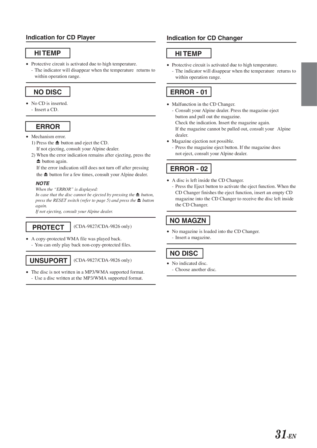 Alpine CDA-9827, CDA-9826, cda-9825 owner manual No Disc 