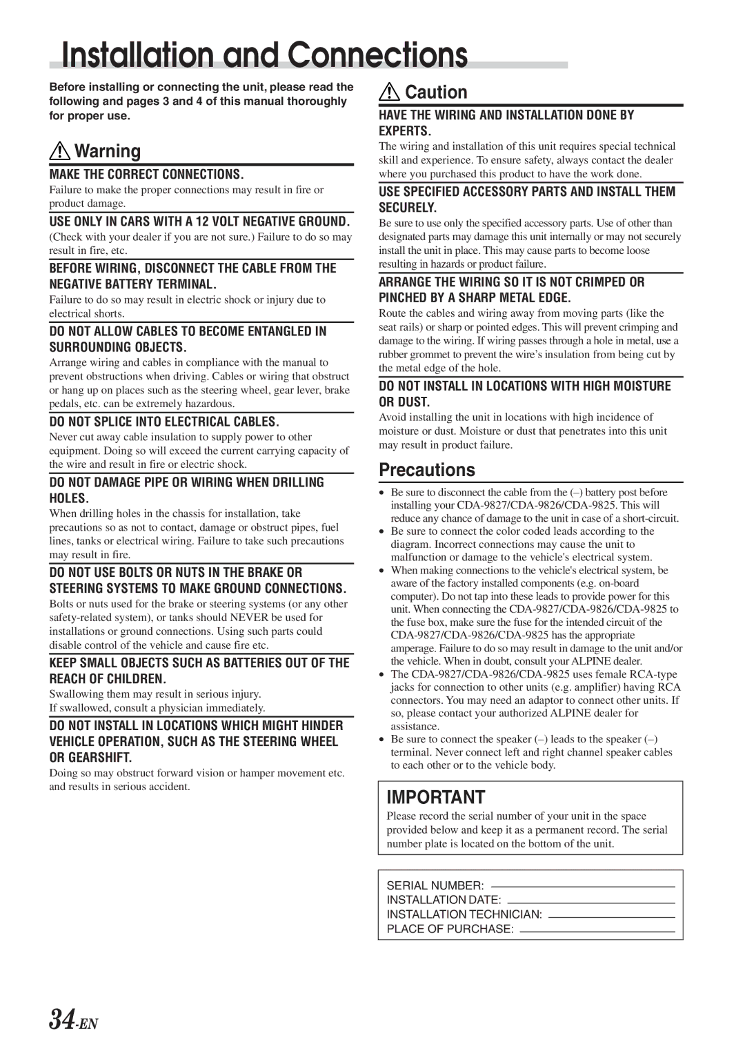 Alpine CDA-9827, CDA-9826, cda-9825 owner manual Installation and Connections, Precautions 