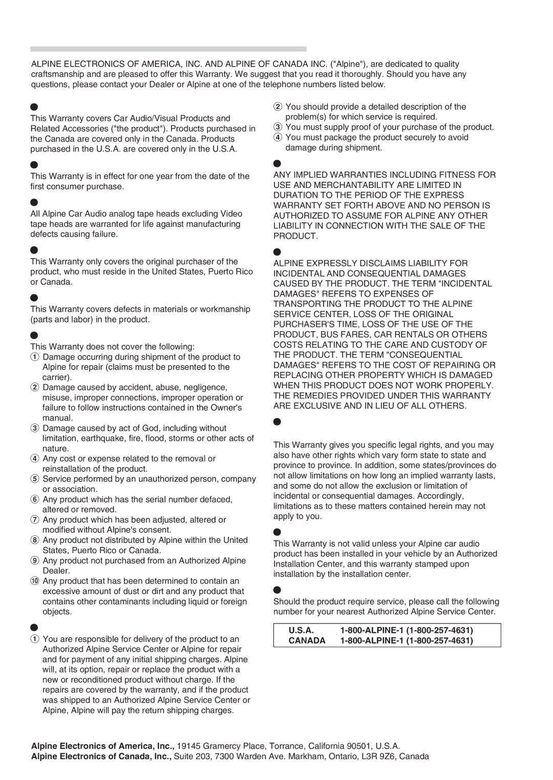 Alpine CDA-9826, CDA-9827, cda-9825 owner manual Limited Warranty, ALPINE-1 