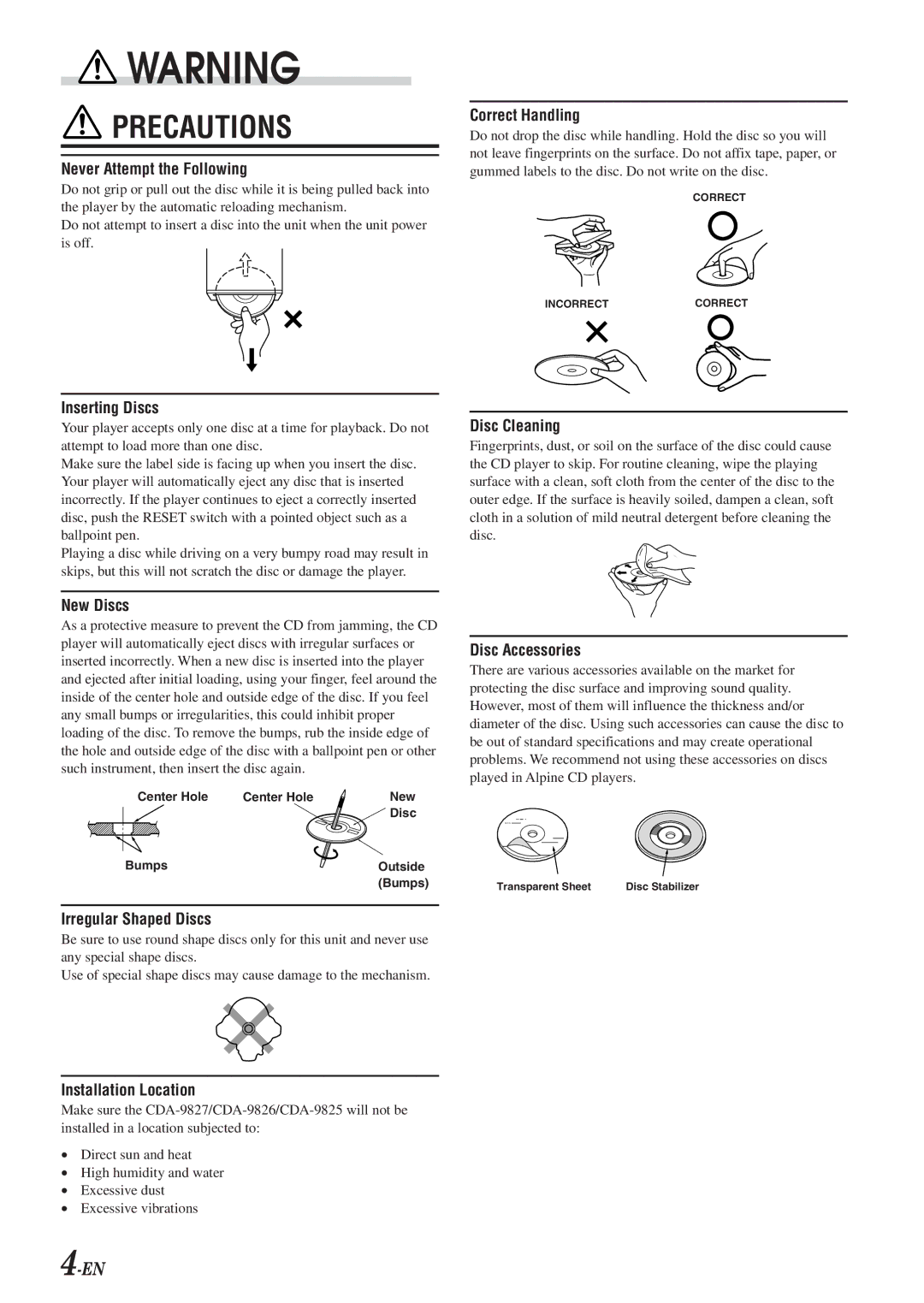 Alpine CDA-9827, CDA-9826, cda-9825 owner manual Never Attempt the Following 