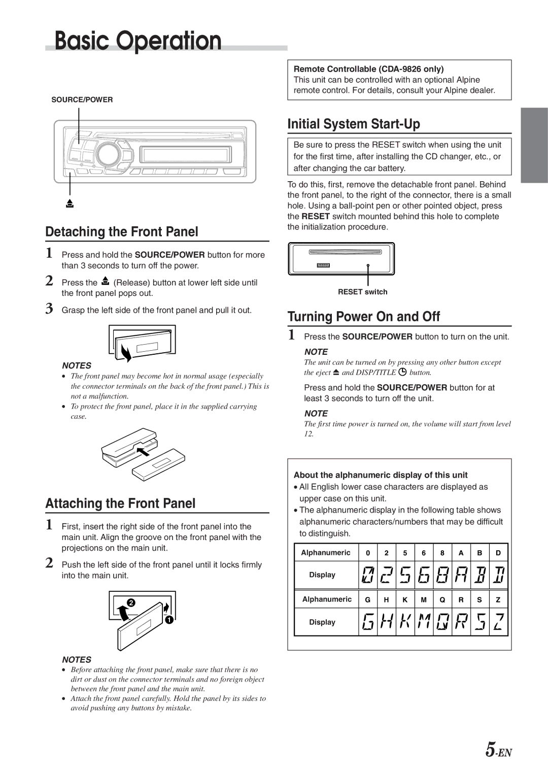 Alpine CDA-9826, CDA-9827 Basic Operation, Detaching the Front Panel, Attaching the Front Panel, Initial System Start-Up 