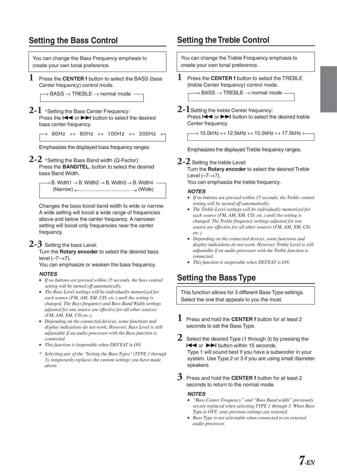 Alpine CDA-9827, CDA-9826, cda-9825 owner manual Setting the Bass Control Setting the Treble Control, Setting the Bass Type 