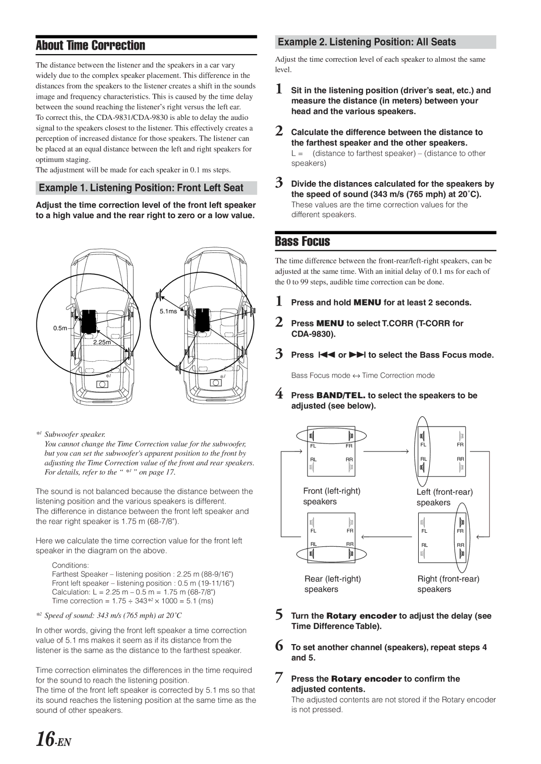 Alpine CDA-9830, CDA-9831 About Time Correction, Bass Focus, Example 1. Listening Position Front Left Seat, 16-EN 