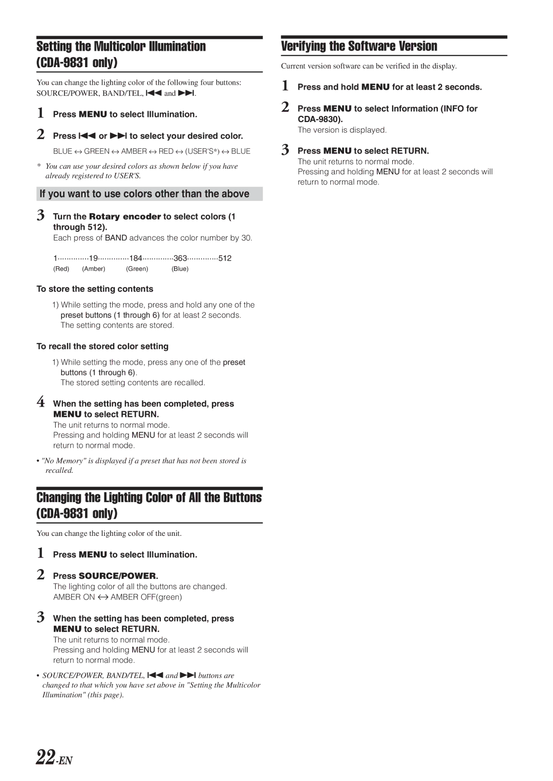 Alpine CDA-9830 owner manual Setting the Multicolor Illumination CDA-9831 only, Verifying the Software Version, 22-EN 