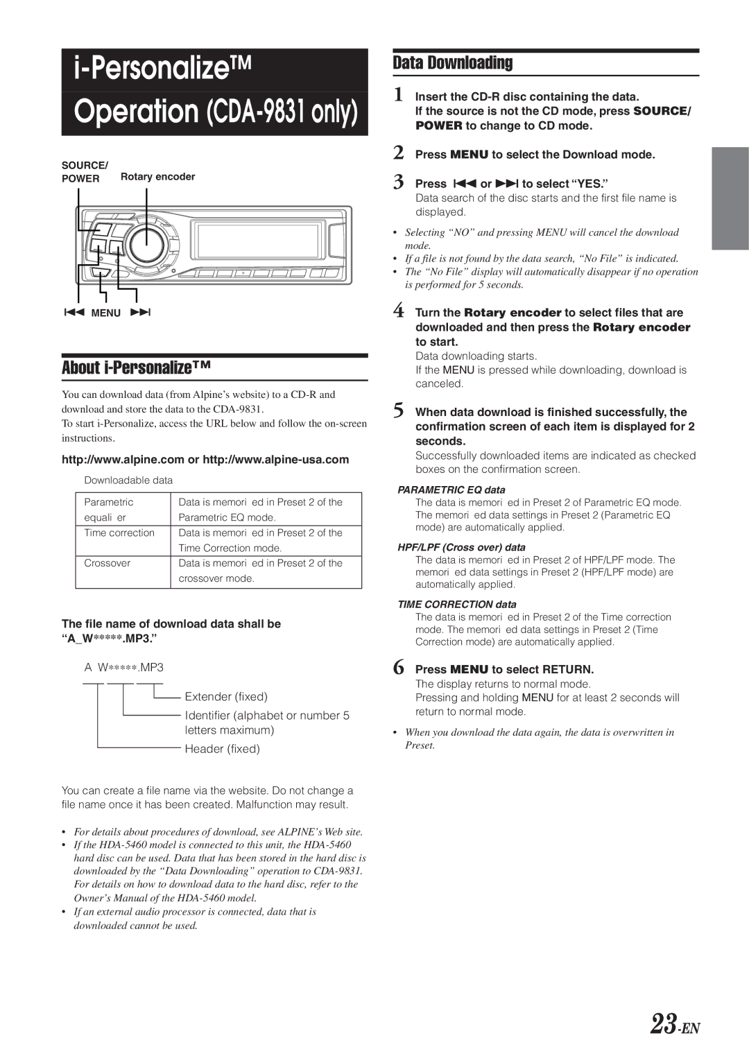 Alpine CDA-9831, CDA-9830 About i-Personalize, Data Downloading, 23-EN, File name of download data shall be AW*****.MP3 