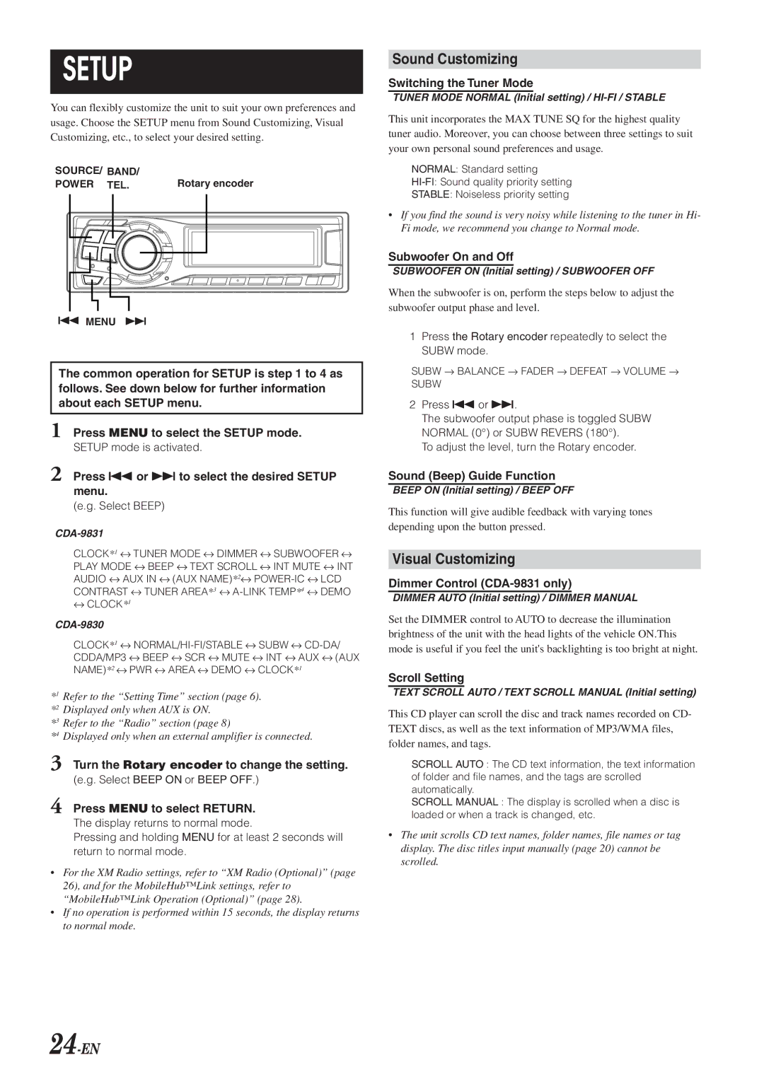 Alpine CDA-9830, CDA-9831 owner manual Sound Customizing, Visual Customizing, 24-EN 