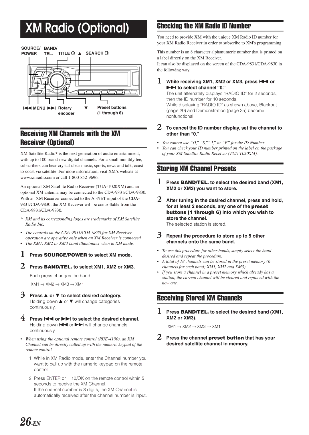 Alpine CDA-9830 XM Radio Optional, Receiving XM Channels with the XM Receiver Optional, Checking the XM Radio ID Number 