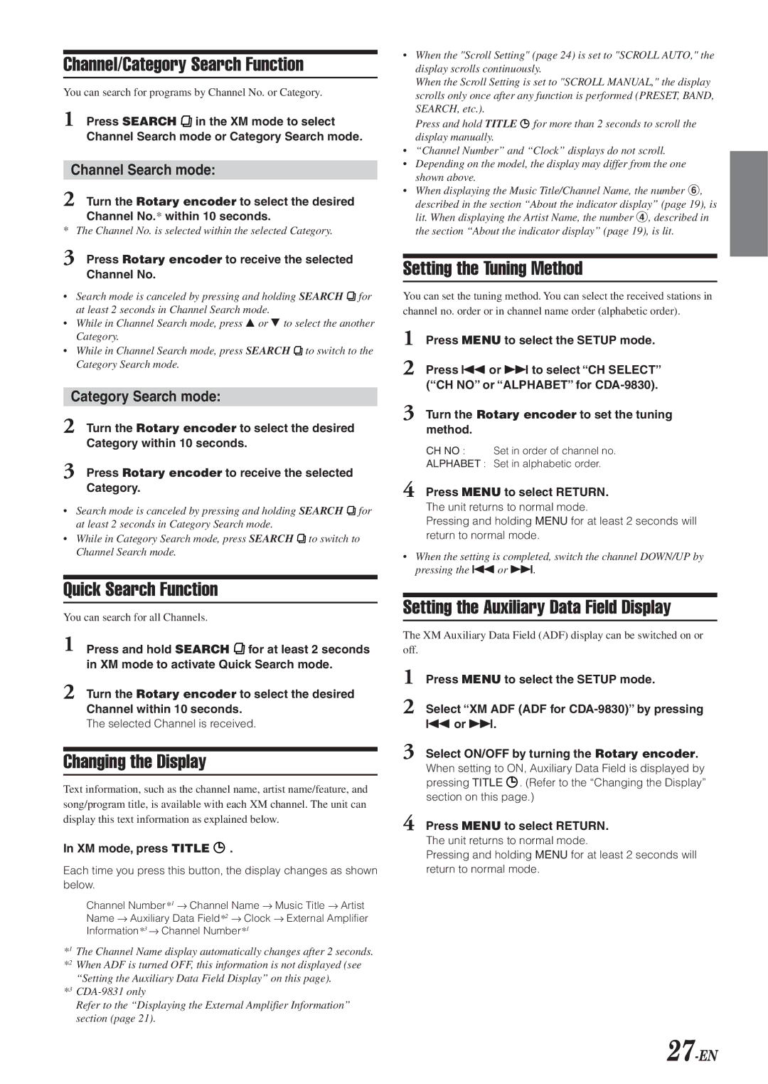 Alpine CDA-9831 Channel/Category Search Function, Quick Search Function, Changing the Display, Setting the Tuning Method 