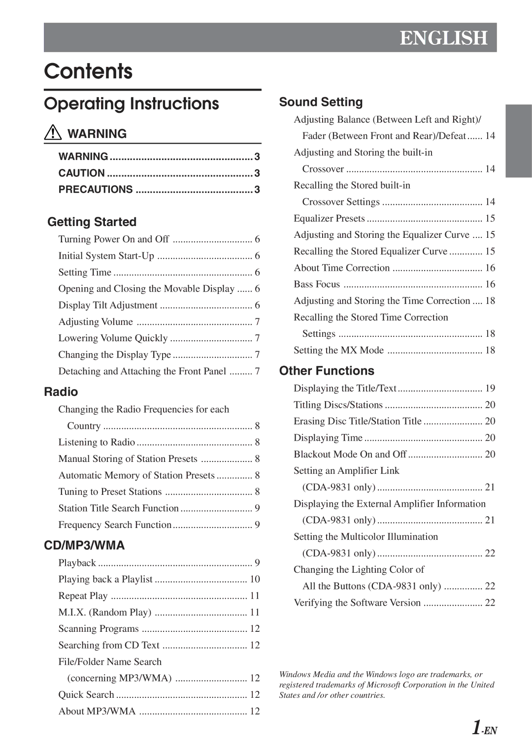 Alpine CDA-9831, CDA-9830 owner manual Contents 