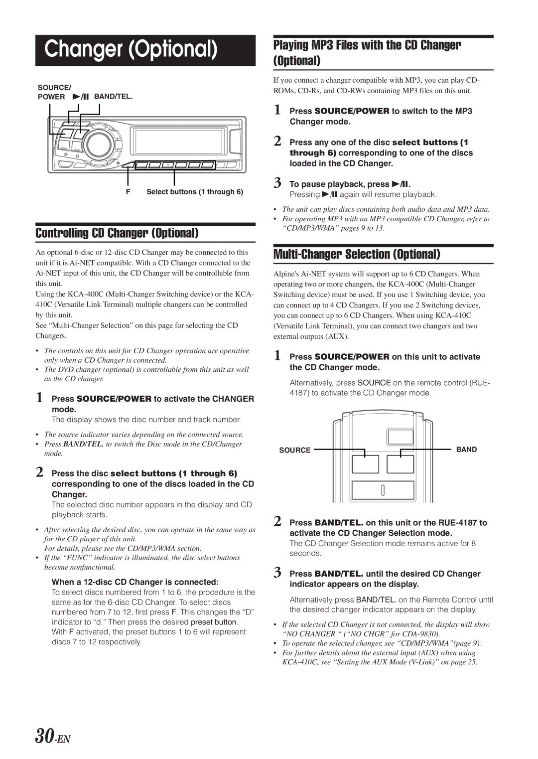 Alpine CDA-9830, CDA-9831 Controlling CD Changer Optional, Playing MP3 Files with the CD Changer Optional, 30-EN 