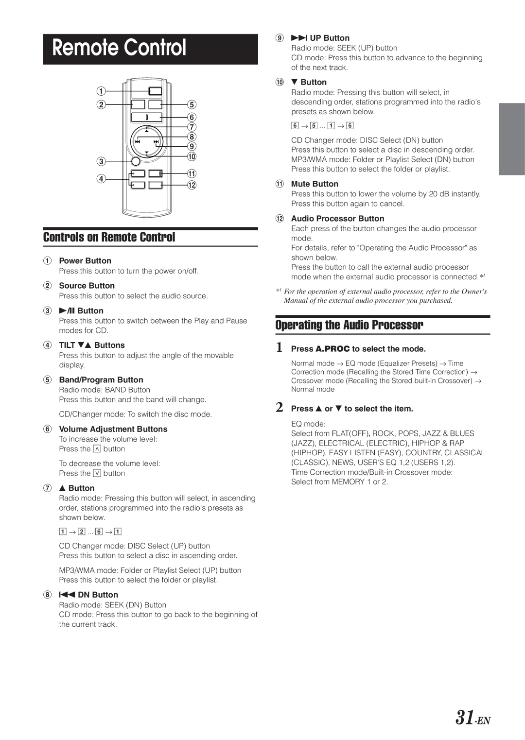 Alpine CDA-9831, CDA-9830 owner manual Controls on Remote Control, Operating the Audio Processor, 31-EN 