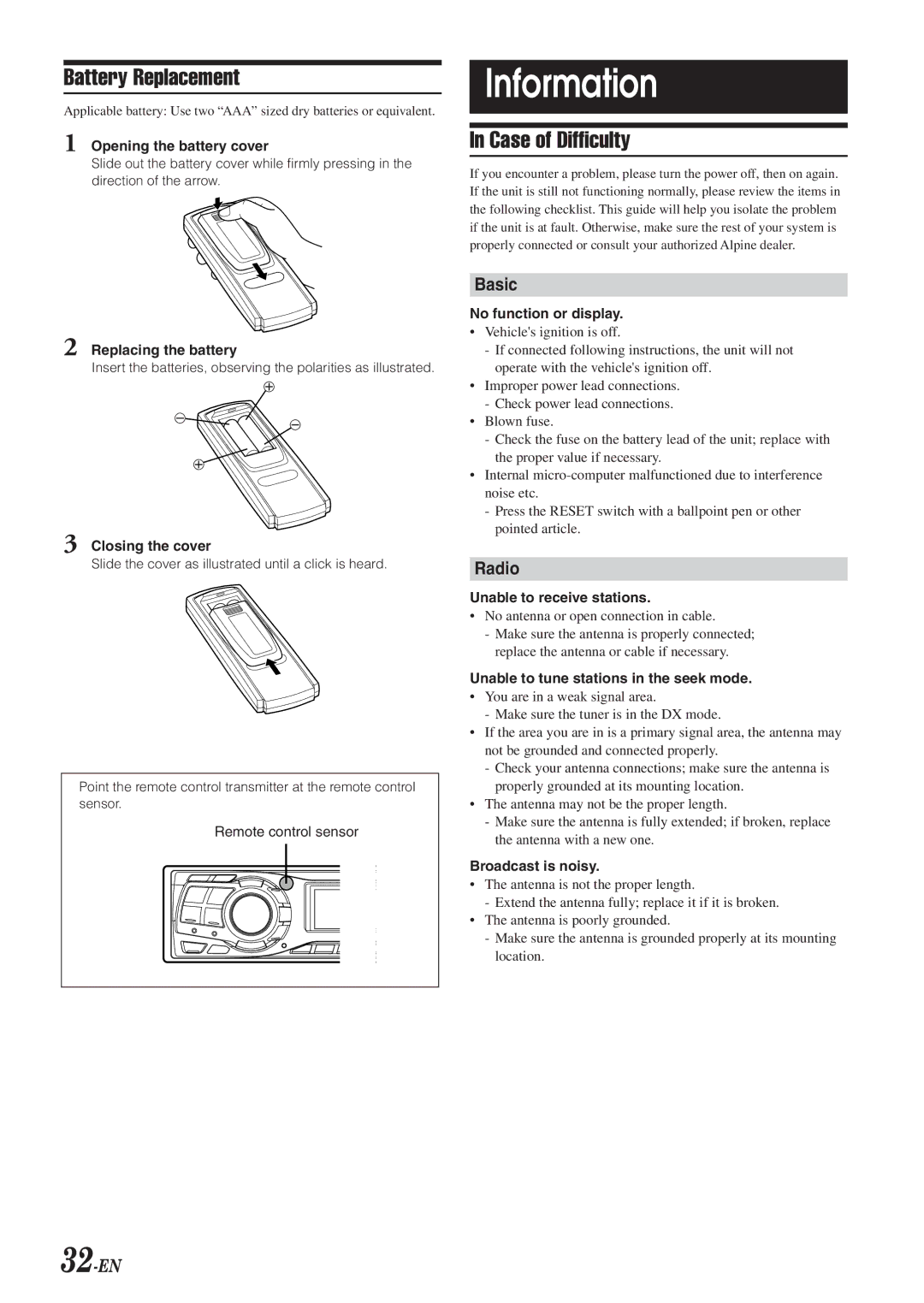 Alpine CDA-9830, CDA-9831 owner manual Information, Battery Replacement, Case of Difficulty, Basic, Radio 