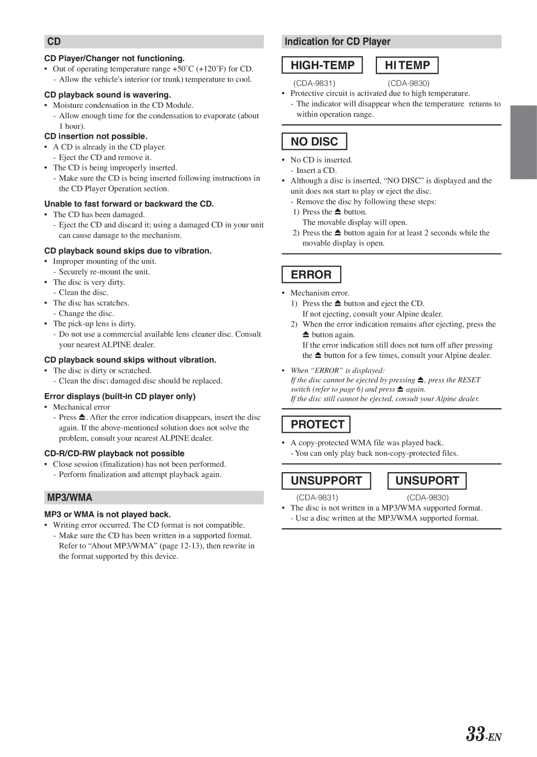 Alpine CDA-9831, CDA-9830 owner manual Indication for CD Player, 33-EN 