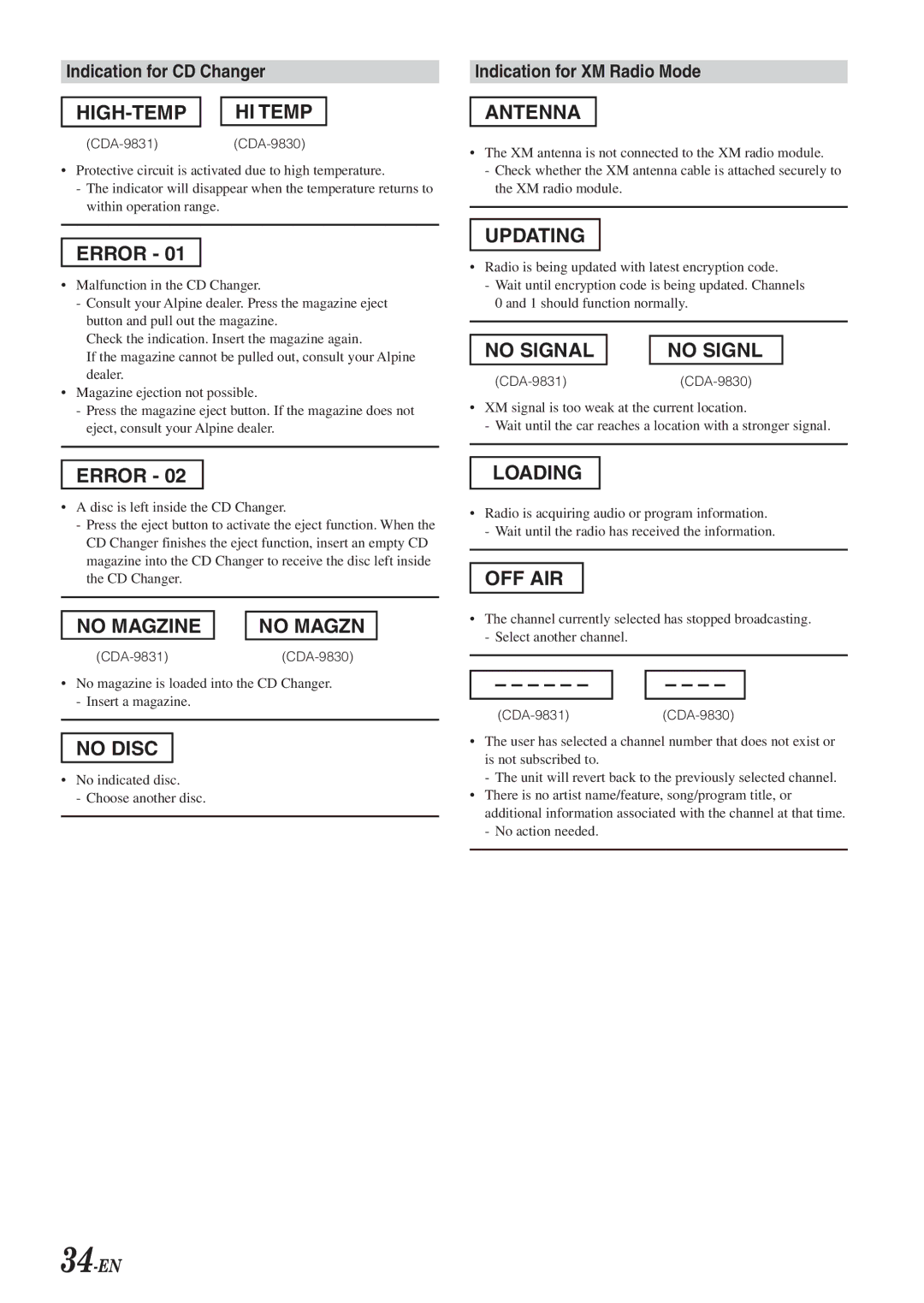 Alpine CDA-9830, CDA-9831 owner manual Indication for CD Changer, Indication for XM Radio Mode, 34-EN 