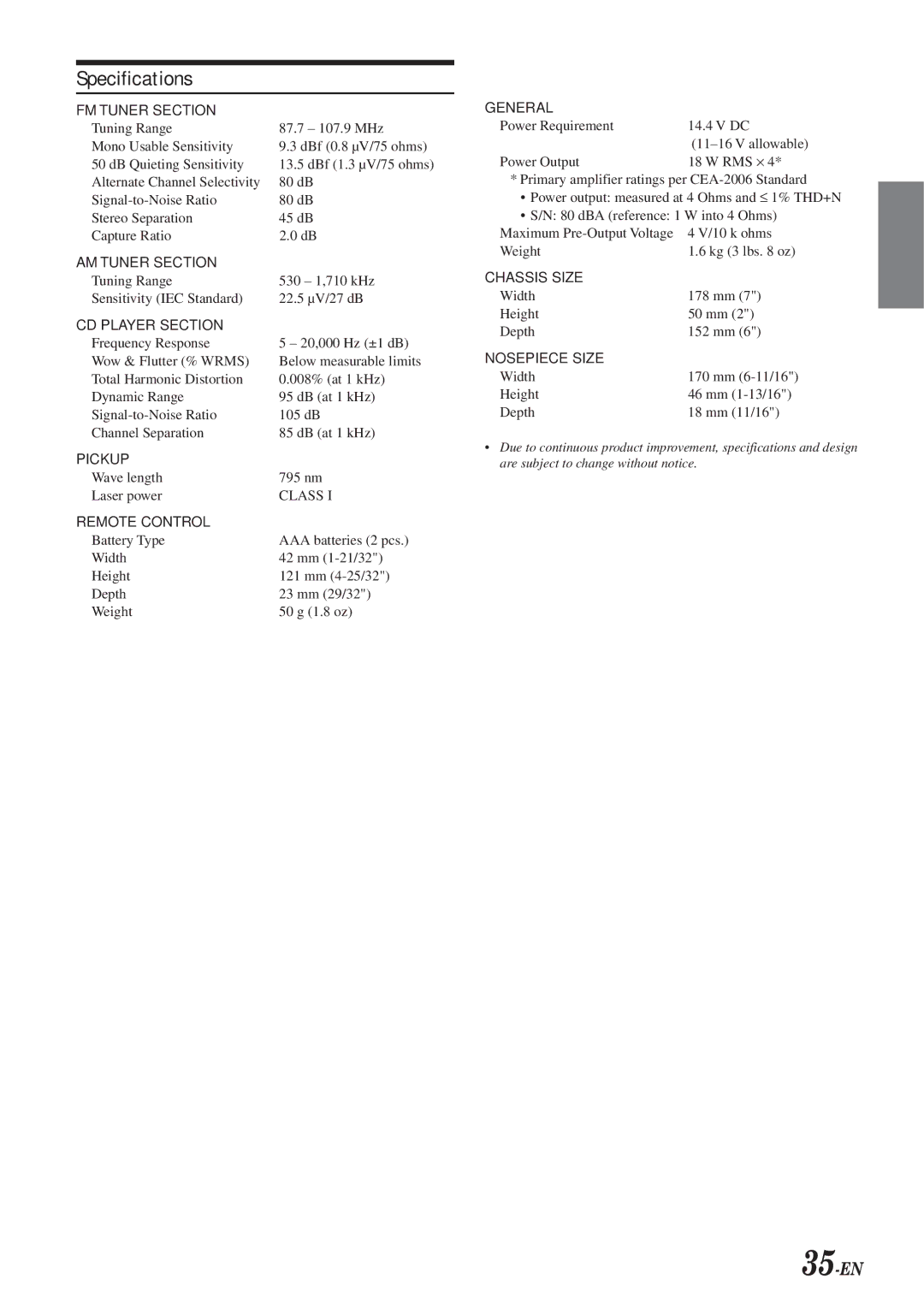 Alpine CDA-9831, CDA-9830 owner manual Specifications, 35-EN 