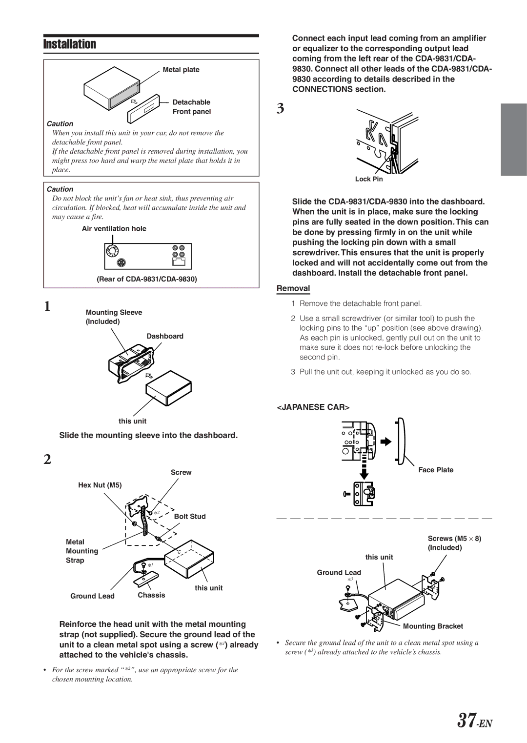 Alpine CDA-9831, CDA-9830 owner manual Installation, 37-EN, Removal, Slide the mounting sleeve into the dashboard 